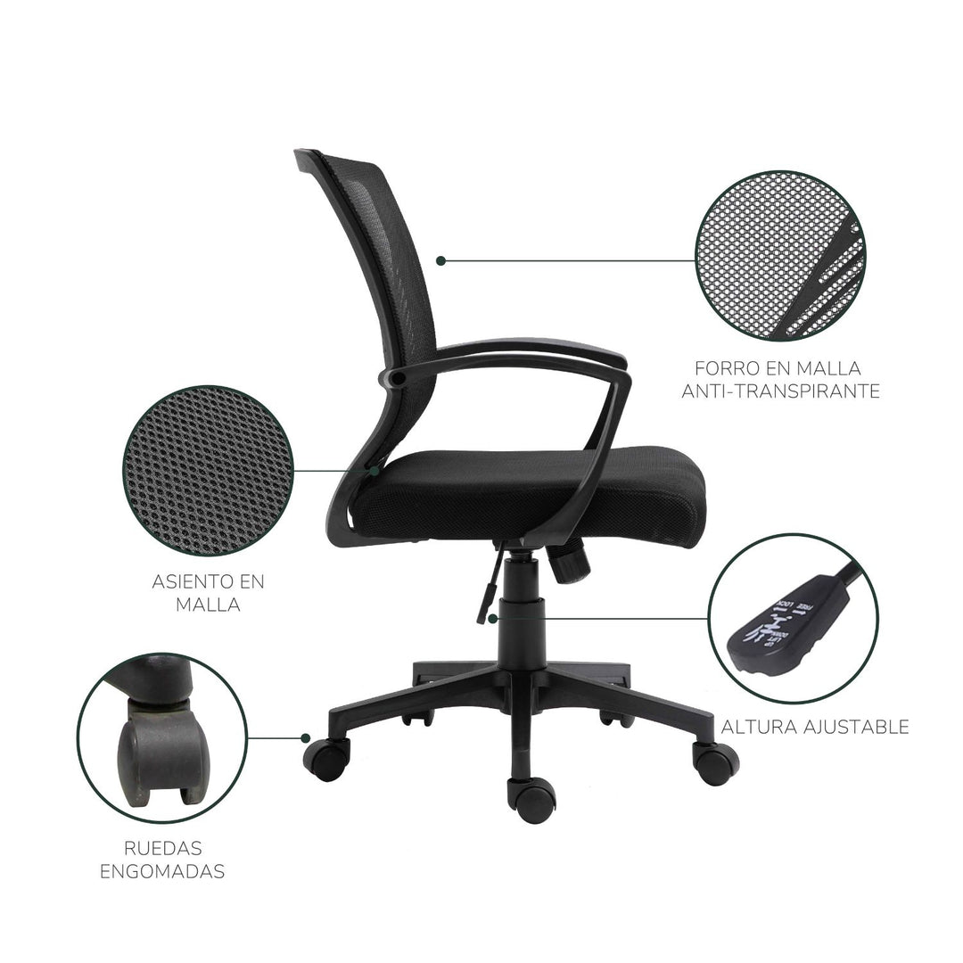 Silla de Oficina Lyon con Asiento Semi Reclinable Negro