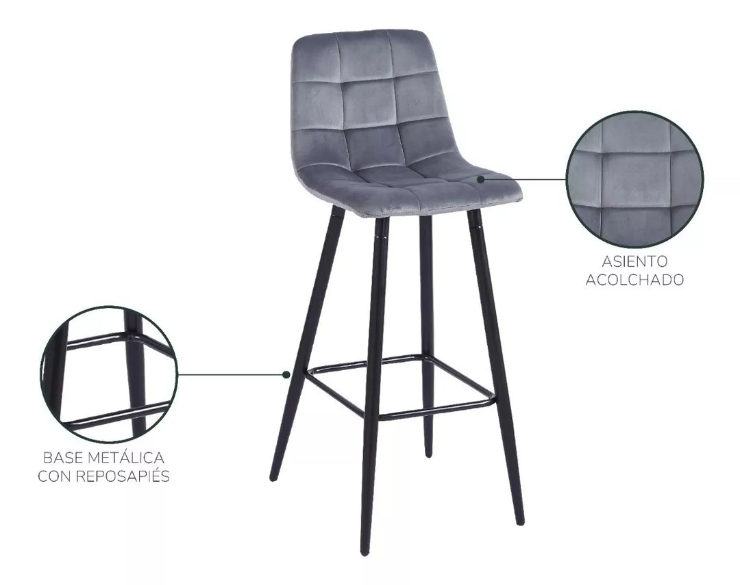 Set 2 Taburetes Altos Banco-Oxford Acolchados Gris
