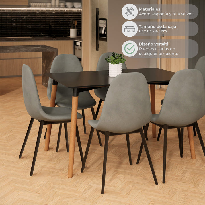 Set 4 Sillas de Sala Comedor Eames Terciopelo Gris