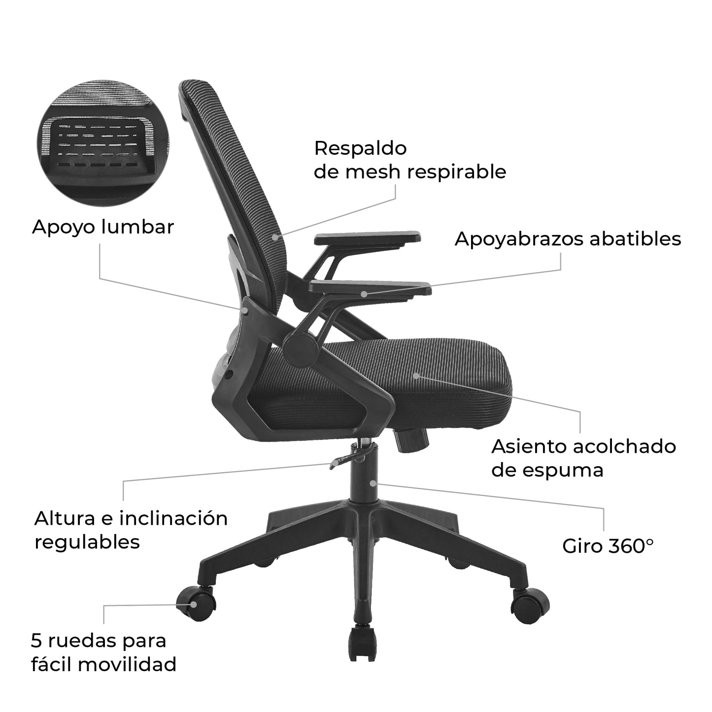 Silla de Oficina Ergonómica Brazos Abatibles Negra