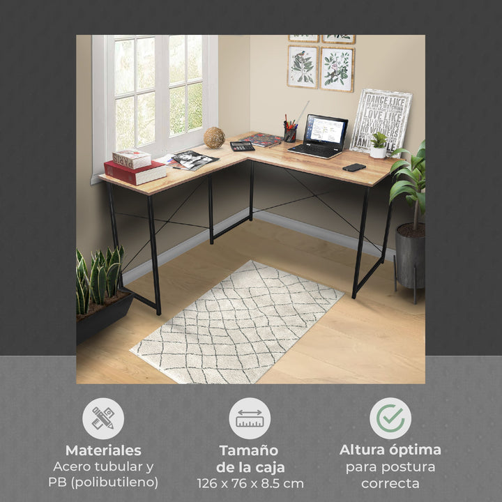 Escritorio con Forma de L Beige y Negro