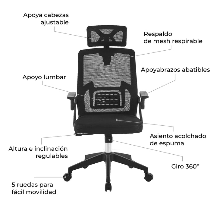 Silla de Oficina Ergonómica con Cabecero Negra