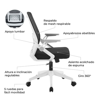 Silla de Oficina Ergonómica Brazos Abatibles Blanca y Negra