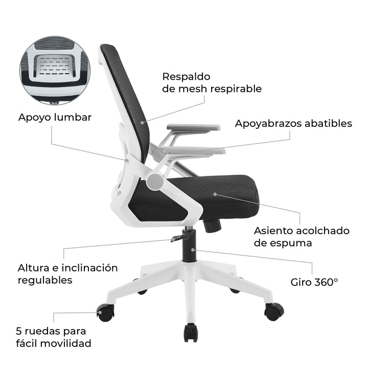 Silla de Oficina Ergonómica Brazos Abatibles Blanca y Negra