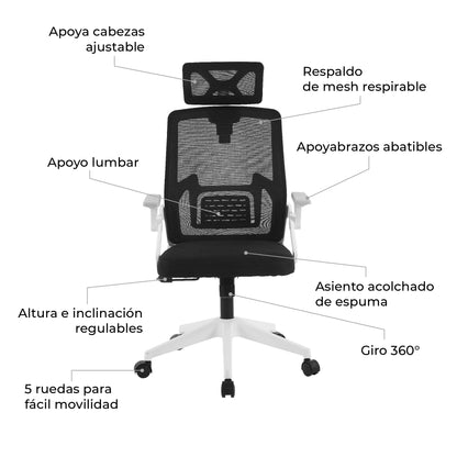 Silla de Oficina Ergonómica con Cabecero Blanca y Negra