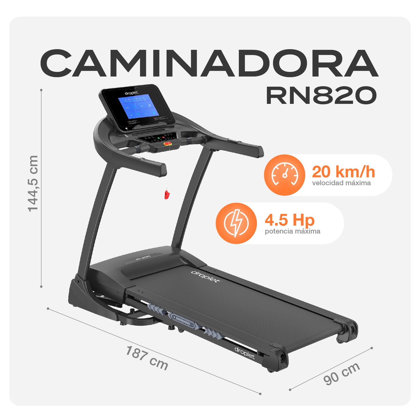 Caminadora Eléctrica Droplet RN820 4.5 hp 20 km/h con LCD
