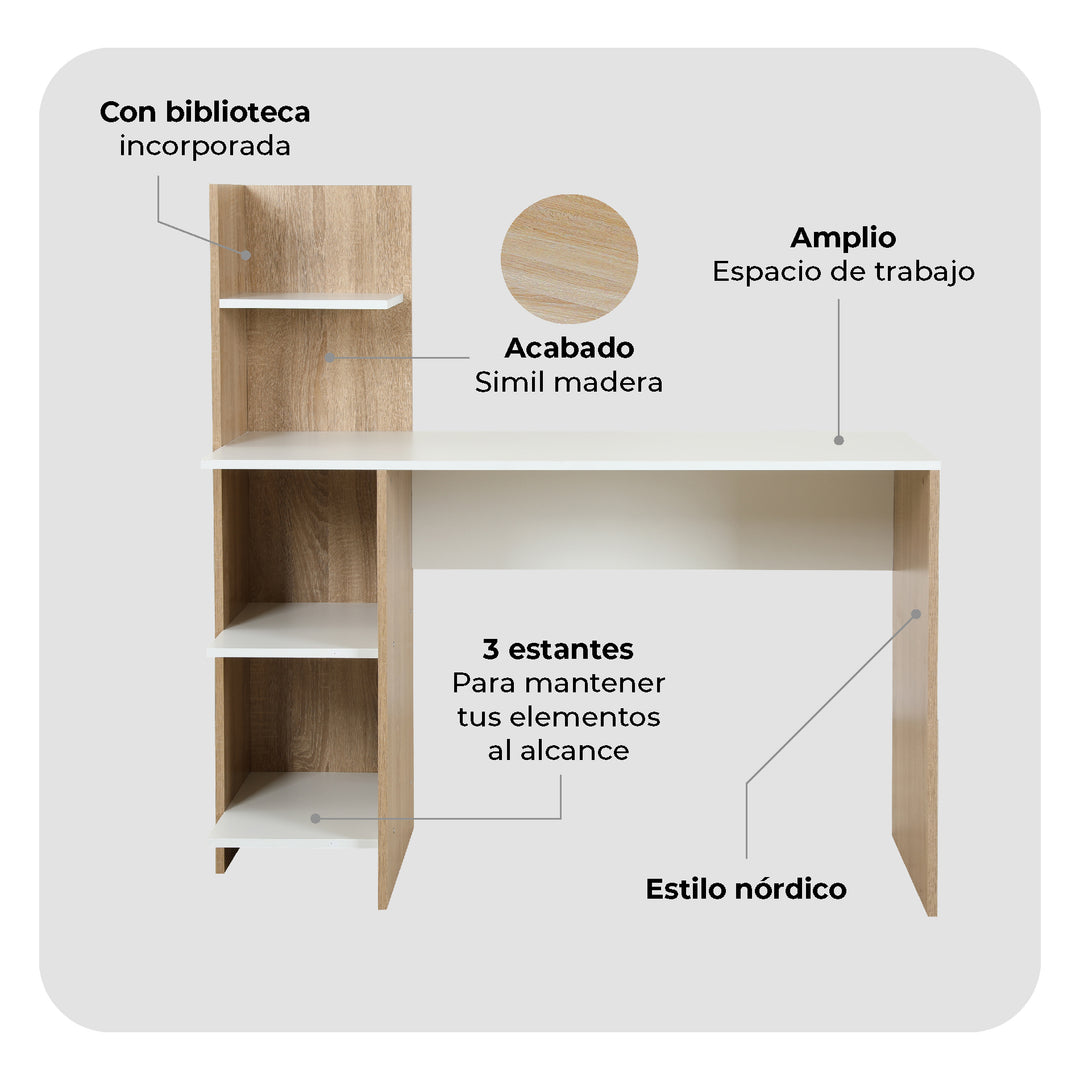 Escritorio Nórdico con Librero Incorporado