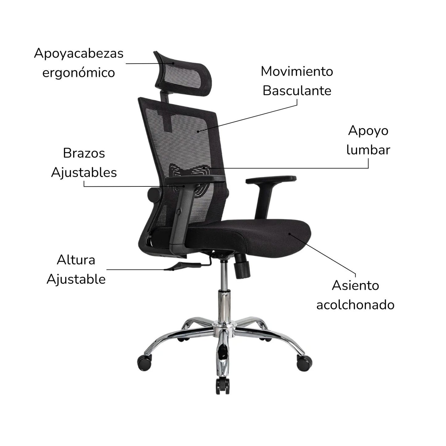 Silla de Oficina Ergonómica Delphi Basculante con Cabecera Negra
