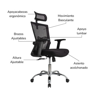 Silla de Oficina Ergonómica Delphi Basculante con Cabecera Negra