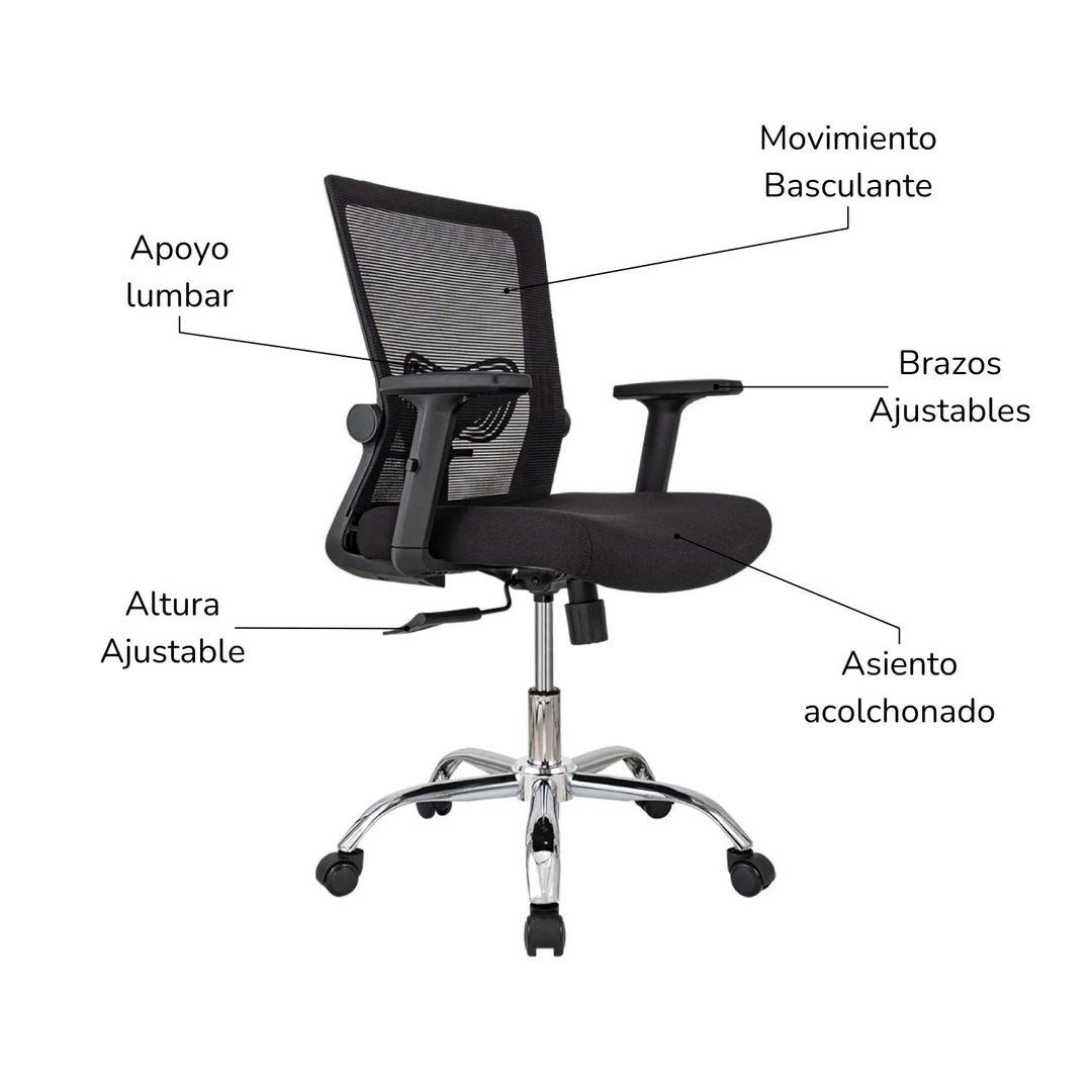 Combo Escritorio con Repisas + Silla de Oficina Delphi Negra