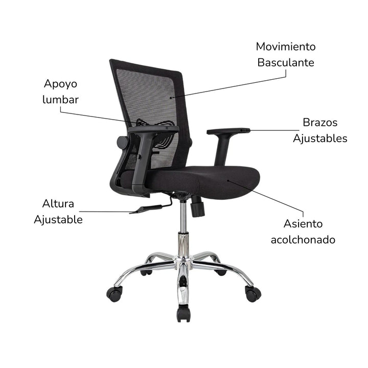 Combo Escritorio con Repisas + Silla de Oficina Delphi Negra