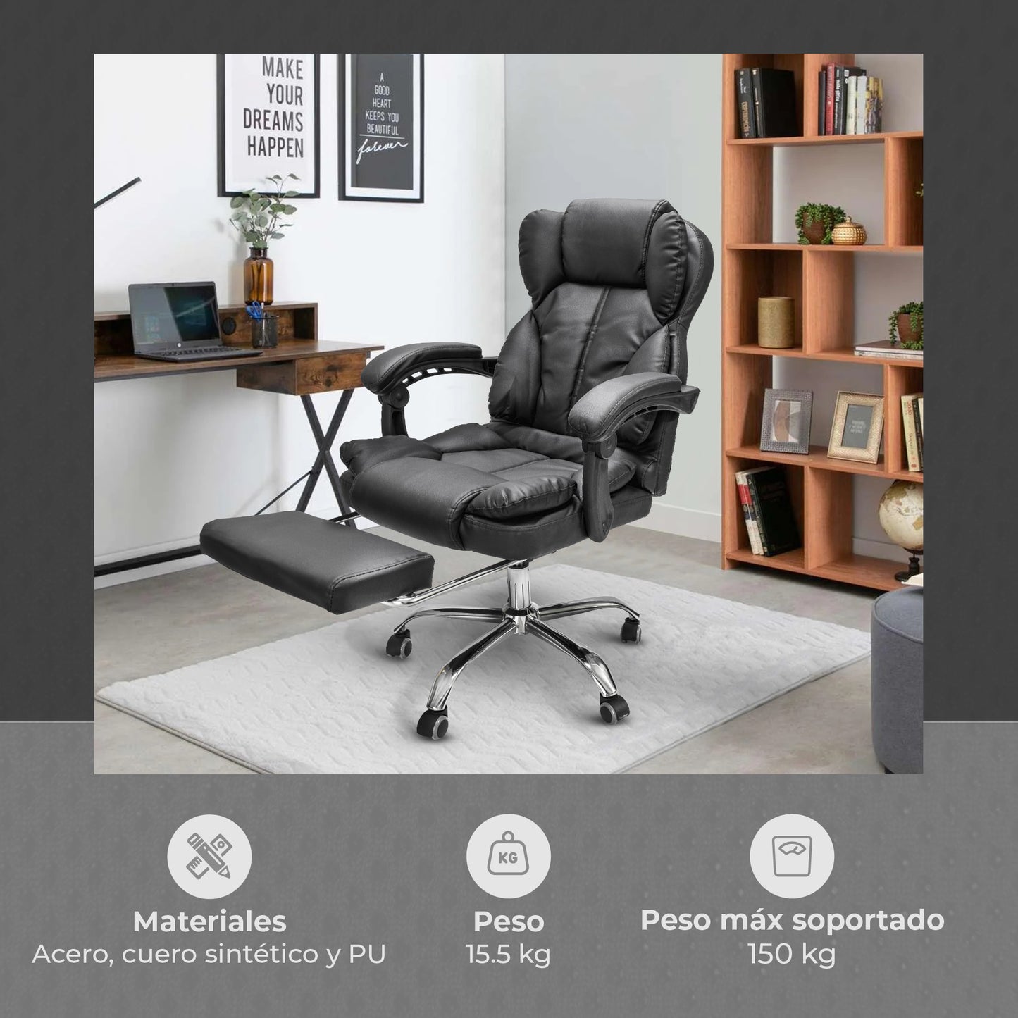 Silla de Escritorio Peace Acolchada con Descansapies Negra