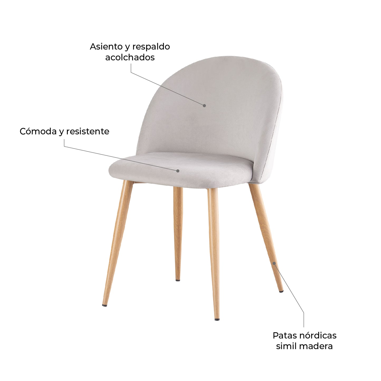 Set 4 Sillas de Sala Comedor Modernas Terciopelo Gris