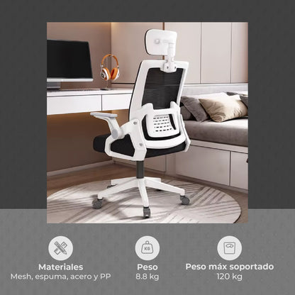 Silla de Oficina Ergonómica con Cabecero Blanca y Negra