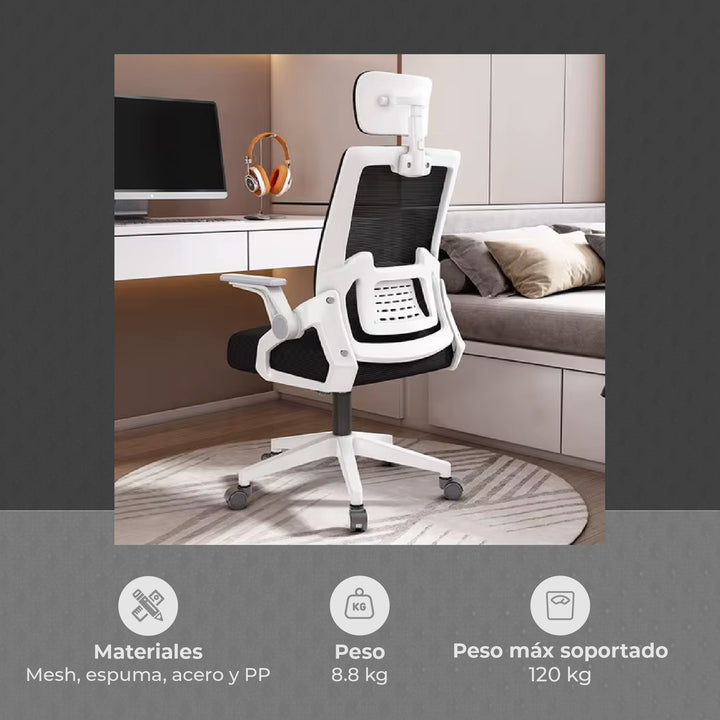 Silla de Oficina Ergonómica con Cabecero Blanca y Negra