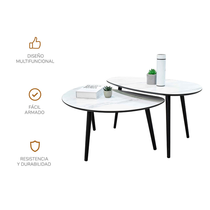 Set Mesas de Centro Catte 2 Piezas Tipo Mármol Blanco