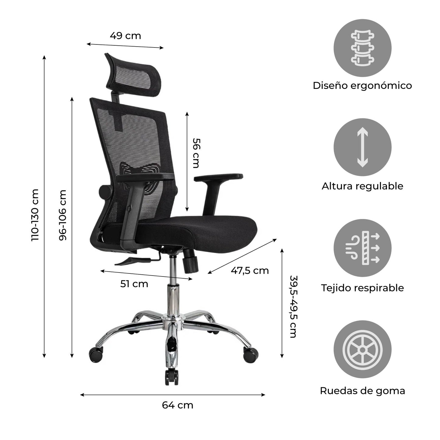 Silla de Oficina Ergonómica Delphi Basculante con Cabecera Negra