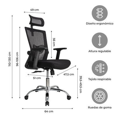 Silla de Oficina Ergonómica Delphi Basculante con Cabecera Negra