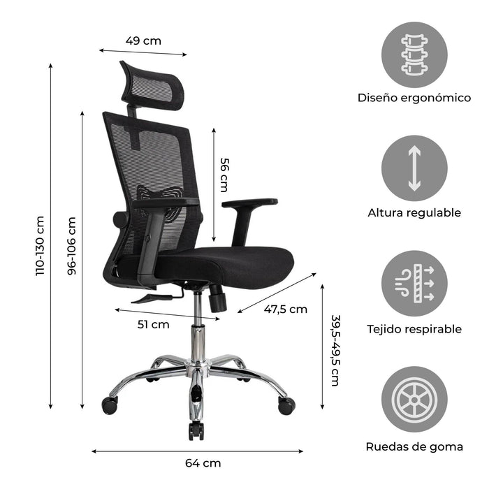 Silla de Oficina Ergonómica Delphi Basculante con Cabecera Negra