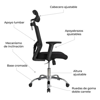 Silla de Oficina Ergonómica Delphi Basculante con Cabecera Negra
