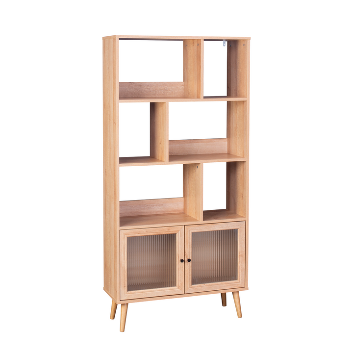 Librero Vertical con Estantes y Puertas de Vidrio