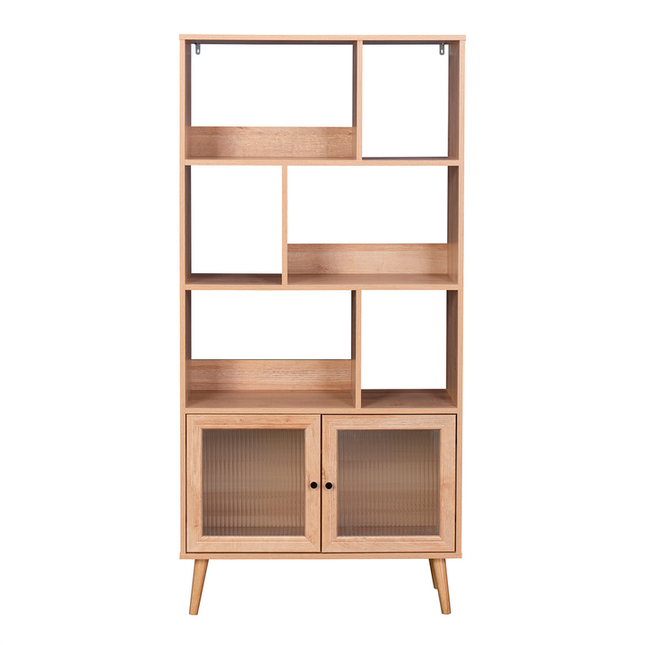 Librero Vertical con Estantes y Puertas de Vidrio