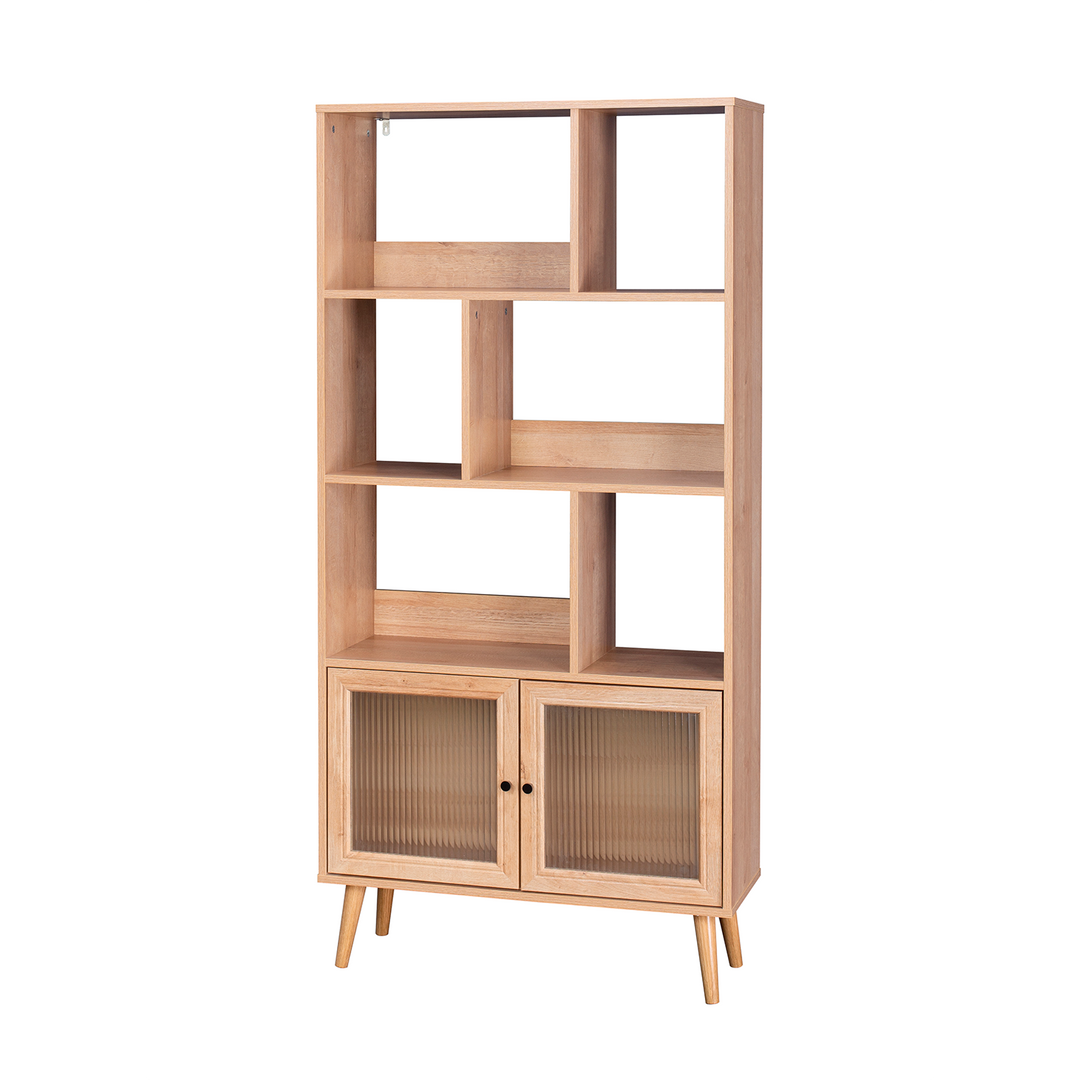 Librero Vertical con Estantes y Puertas de Vidrio