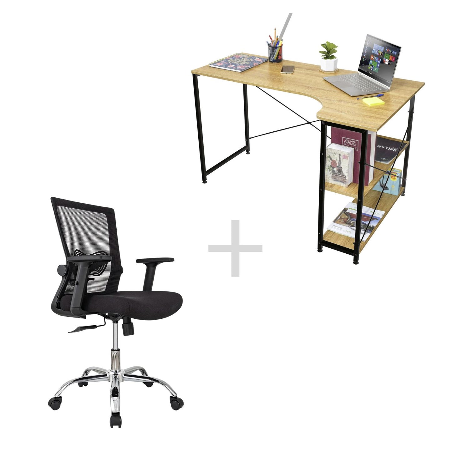 Combo Escritorio con Repisas + Silla de Oficina Delphi Negra