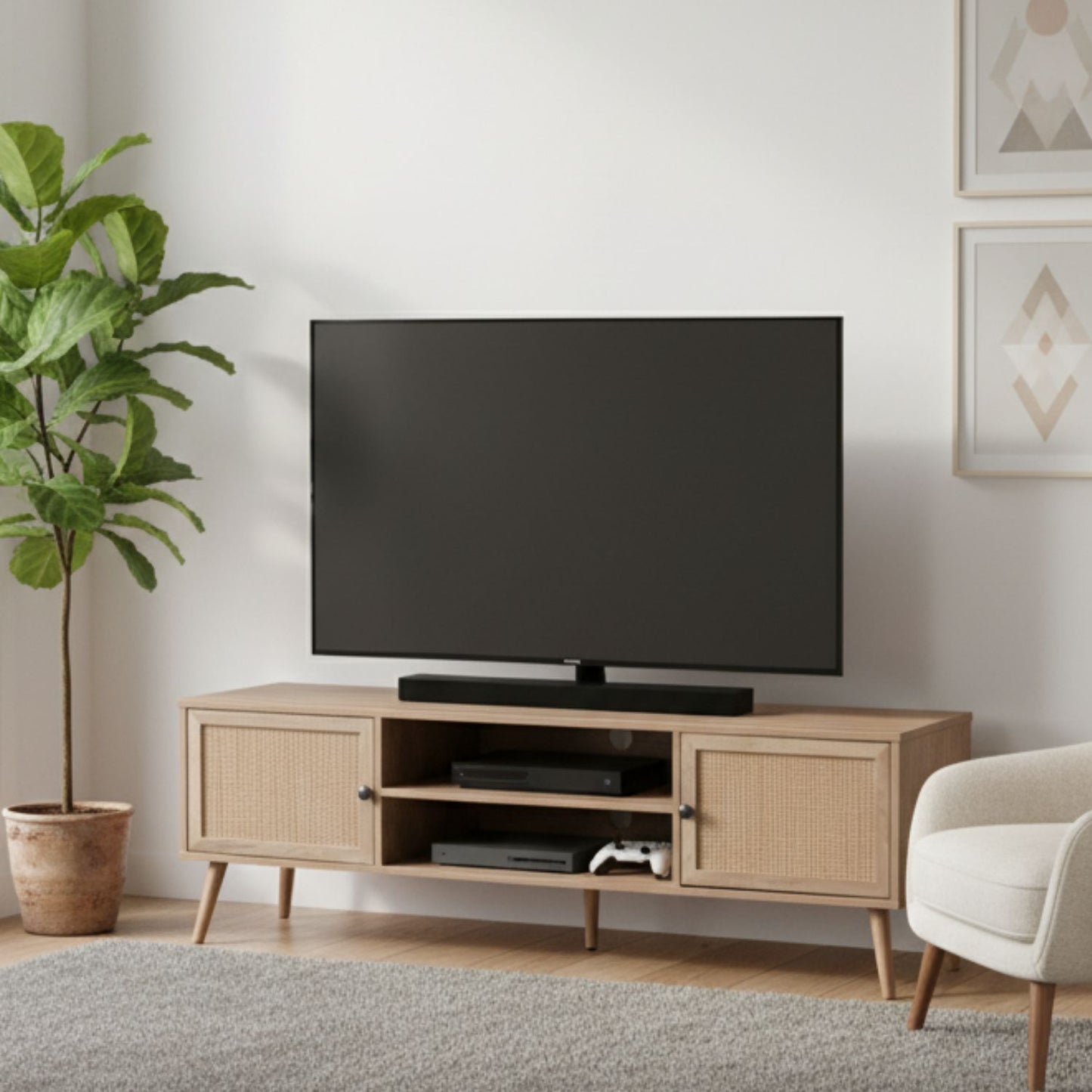 Mueble para TV con Estantes Centrales y Puertas de Ratán