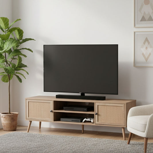 Mueble para TV con Estantes Centrales y Puertas de Ratán