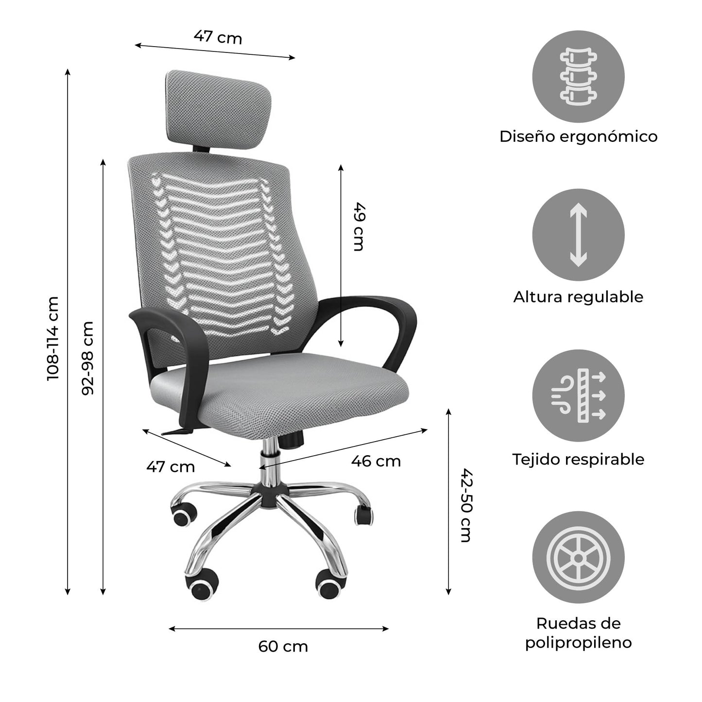 Silla de Oficina con Cabecera Ajustable Gris