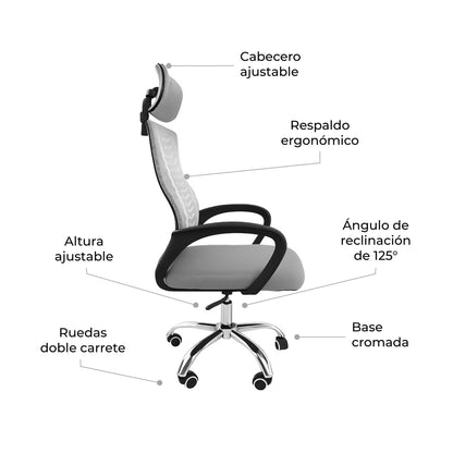 Silla de Oficina con Cabecera Ajustable Gris