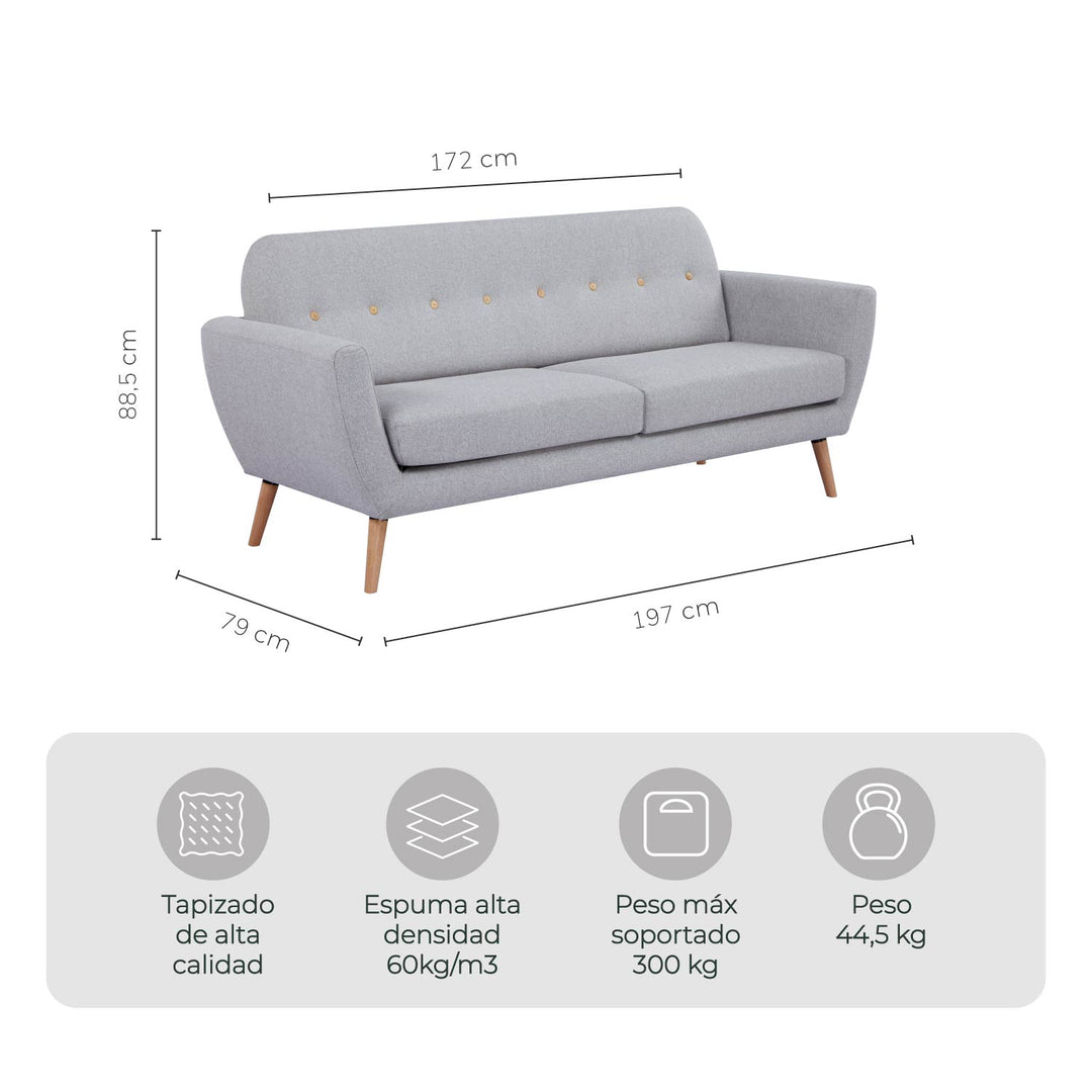 Sofá 3 Plazas Capena Respaldo Capitoné Gris