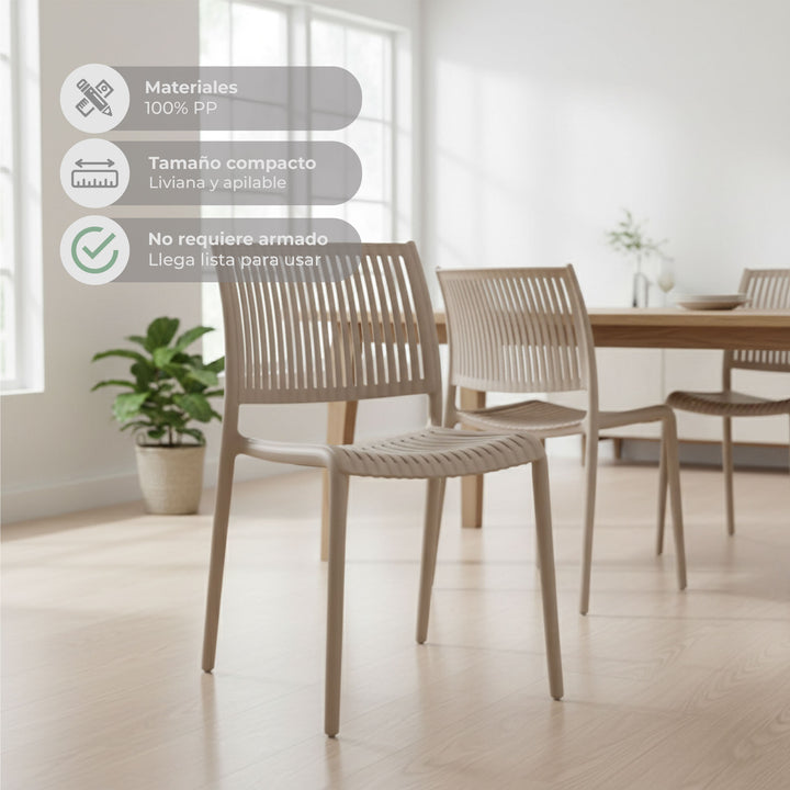 Set 4 Sillas de Comedor de Plástico Varilladas Apta Exterior Beige