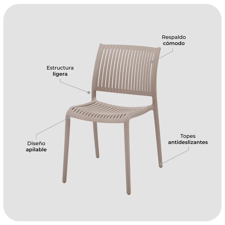 Set 4 Sillas de Comedor de Plástico Varilladas Apta Exterior Beige