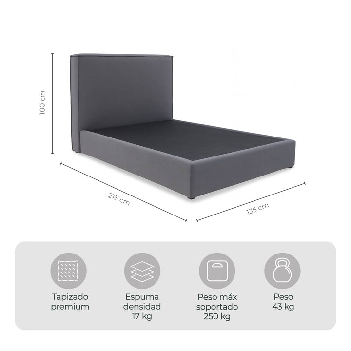 Cama Matrimonial Hera Con Cabecera Gris