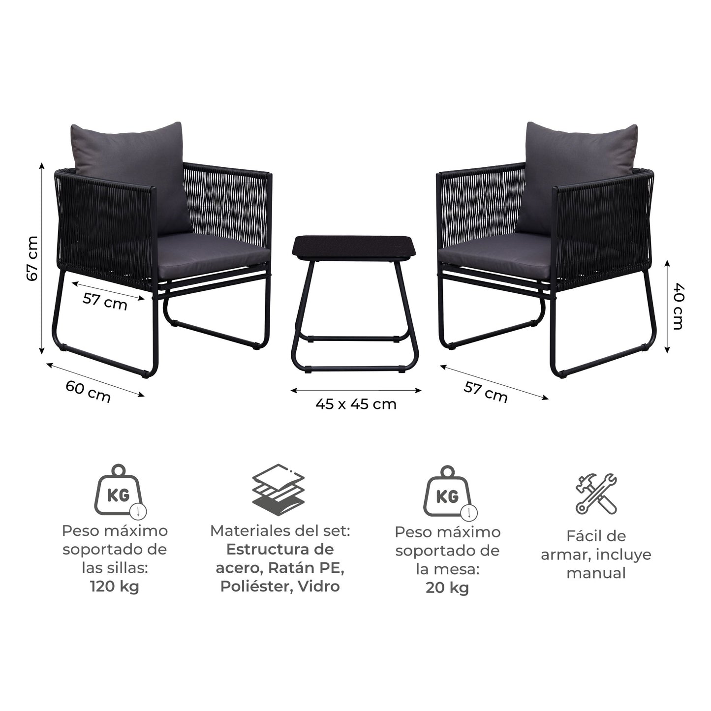 Set de Exterior Kiri 2 Sillas + Mesa Auxiliar