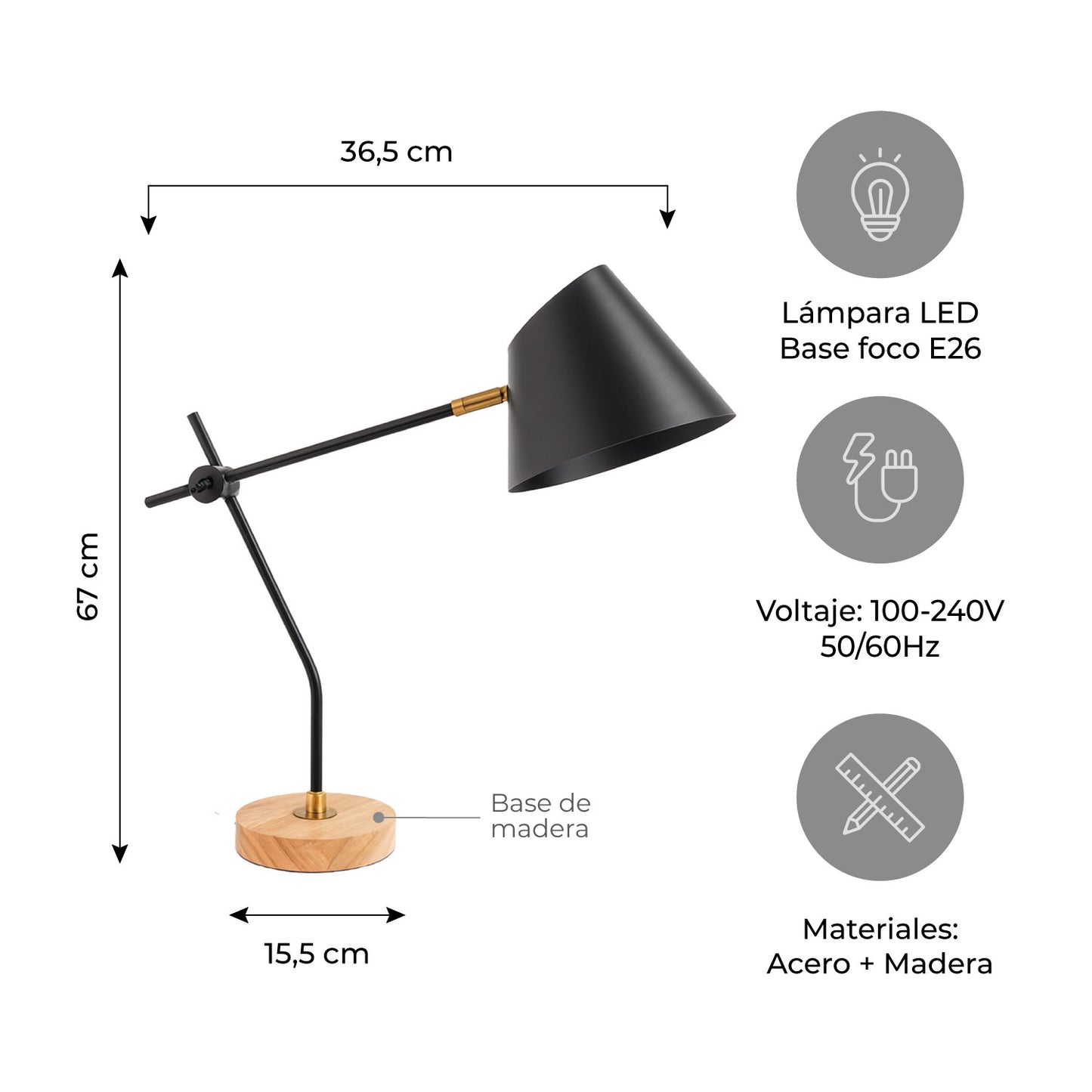 Lámpara de Mesa LED Moderna Negra Base Madera