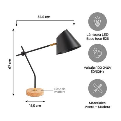 Lámpara de Mesa LED Moderna Negra Base Madera