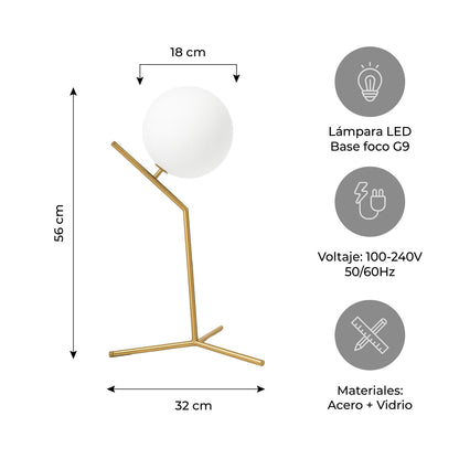 Lámpara de Mesa LED Esférica Base Dorada