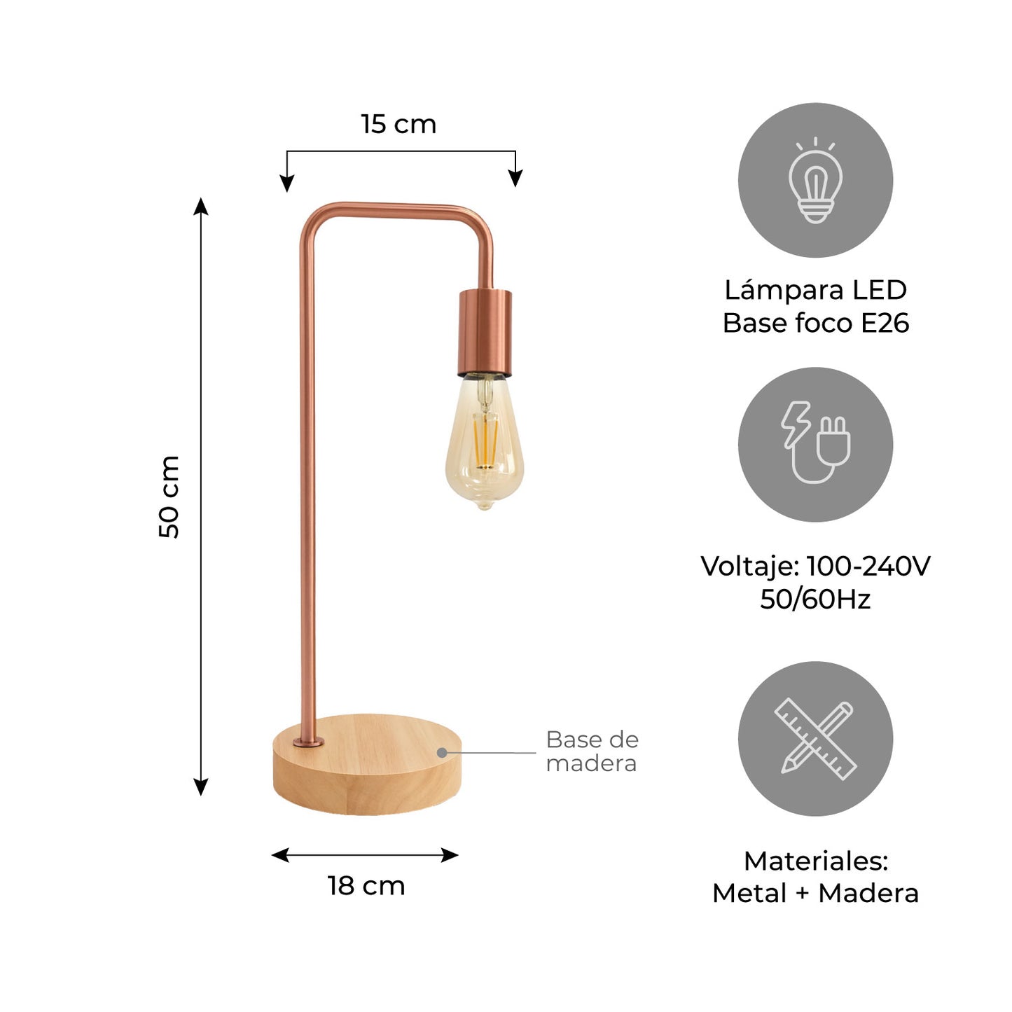 Lámpara de Mesa LED Metálica Cobre Base Madera