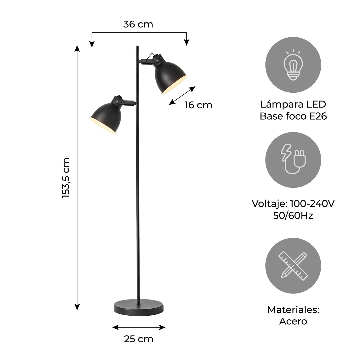 Lámpara de Pie LED Moderna Metálica Doble Negra