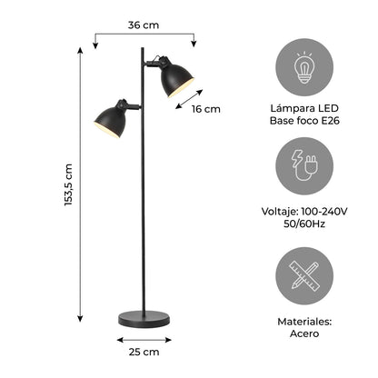 Lámpara de Pie LED Moderna Metálica Doble Negra