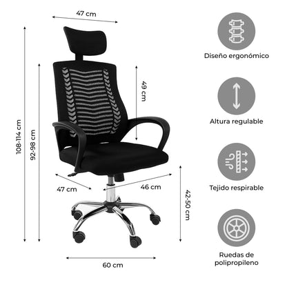 Silla de Oficina con Cabecera Ajustable Negra