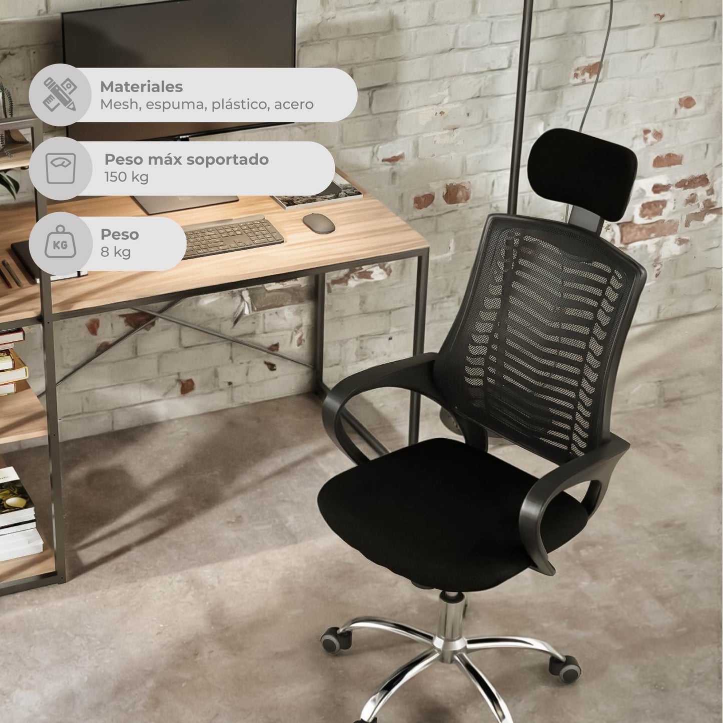 Silla de Oficina con Cabecera Ajustable Negra