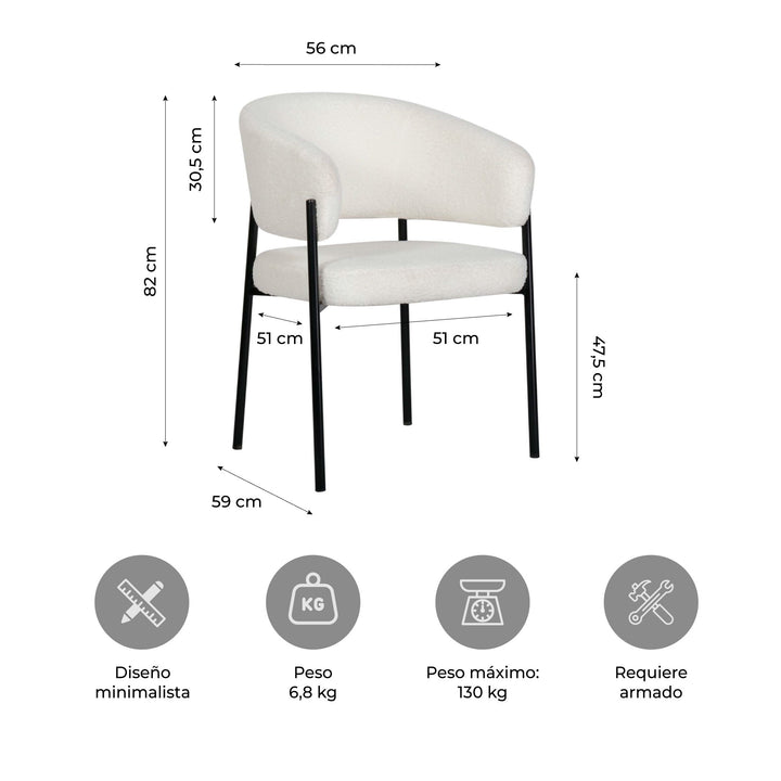 Set 2 Sillas de Comedor Tapizadas Respaldo Curvo Blancas