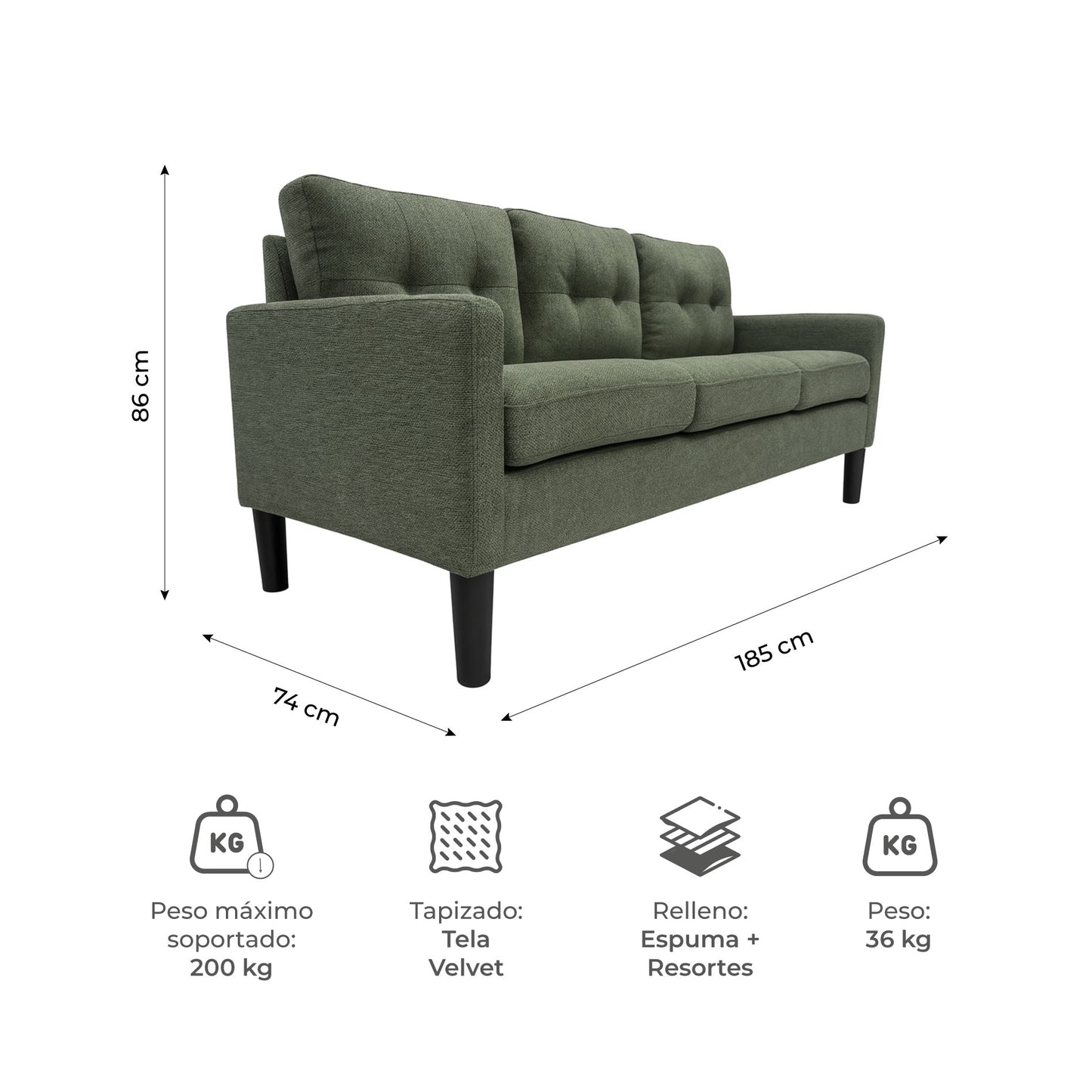 Sofá 3 Plazas Sutri Verde