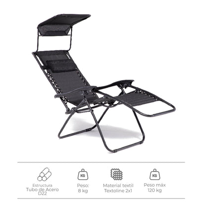 Set 2 Sillas Camastro Reclinables Con Toldo Negro