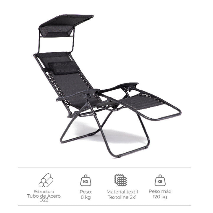 Set 2 Sillas Camastro Con Toldo Negro