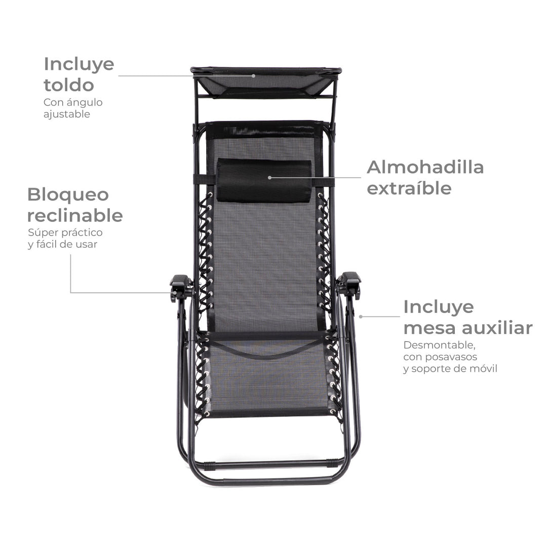 Set 2 Sillas Camastro Con Toldo Negro